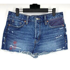 Old Navy OG Shorts Blue Denim High Rise Button Fly Distressed Cutoff